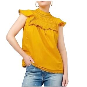 J. Crew Flutter Sleeve Crocheted Lace Lined Top Marigold Yellow Women’s XS EUC